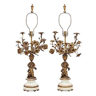 PAIR OF LOUIS XV STYLE BRONZE AND MARBLE LAMPS