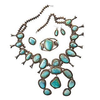 SQUASH BLOSSOM SILVER AND TURQUOISE JEWELRY