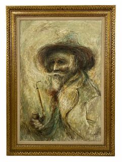 Elmo Gideon "Man Smoking" Oil Painting on Canvas