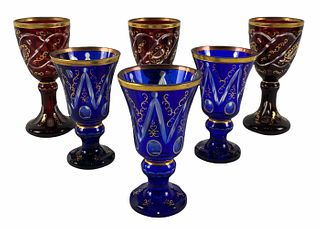 Six Antique Italian Ruby & Cobalt Wine Glasses