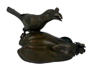Antique Japanese Bronze Bird & Fruit Sculpture