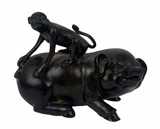 Antique Chinese Bronze Monkey & Pig Sculpture