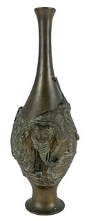 19th C Japanese Signed Elephant Bronze Relief Vase