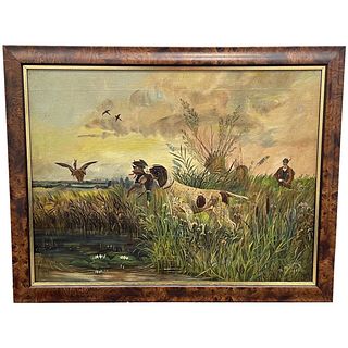 POINTER DOG CARRYING DUCK OIL PAINTING