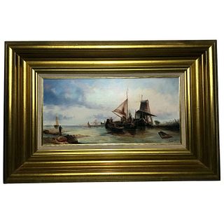 FISHING BOATS IN HARBOUR PORT OIL PAINTING