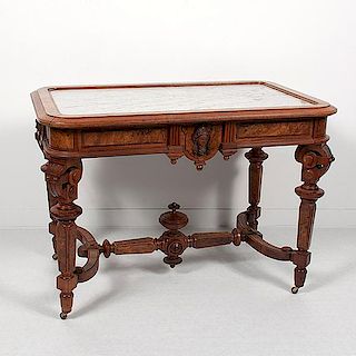 Walnut Carved Table with Marble Attributed to John Jelliff 