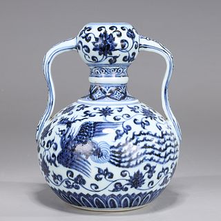 Chinese Blue & White Porcelain Phoenix Vase