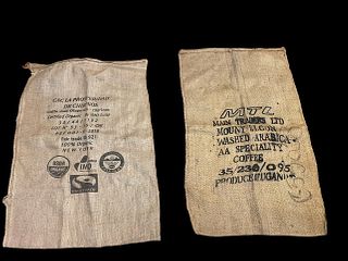 Two Vintage Burlap Produce Advertising Bags 
