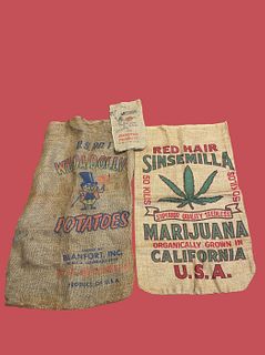 Collection Vintage Advertising Burlap Produce Sacks Potatoes, Marijuana 