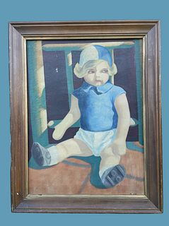Mid Century Acrylic on Canvas of Baby Boy in Crib sgd MERNER