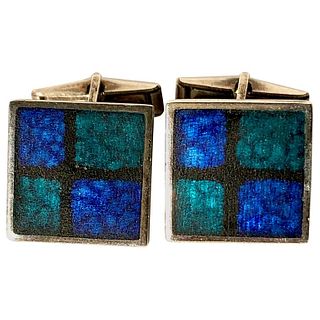 1950s Perli German Modernist Blue Grid Silver Enamel Cufflinks