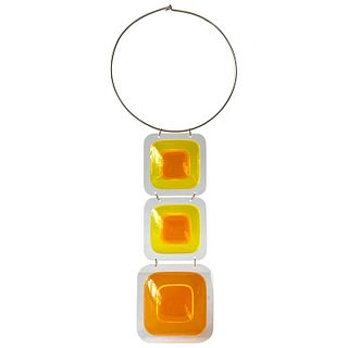 1970s Aaronel deRoy Gruber Orange Yellow Plexiglas Triple Pendant Necklace