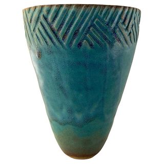1980s Signed Studio Ceramic Glazed Vessel Vase