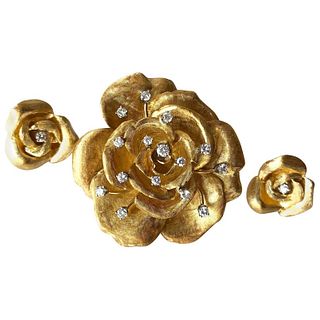 Cartier 18K Gold Diamond Rose Flower Brooch and Earrings Set