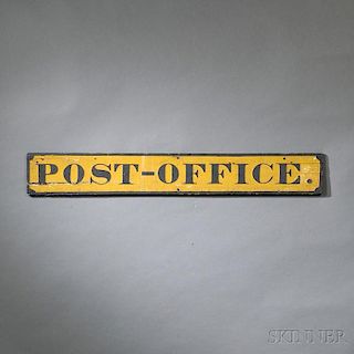 Yellow- and Black-painted and Carved Pine "POST-OFFICE" Sign