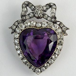 Antique Victorian Heart Shape Amethyst &  Diamond, 14 Karat Yellow Gold and Sterling Silver Heart Pendant Brooch.