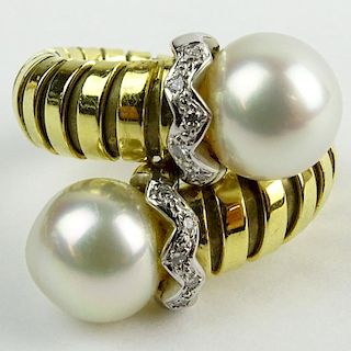 Vintage Bulgari style 18 Karat Yellow Gold, Pearl and Diamond Cross Over Ring.