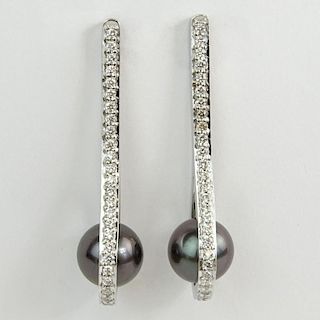 Pair of Lady's Silver Black Tahitian Pearl and 14 Karat White Gold Earrings