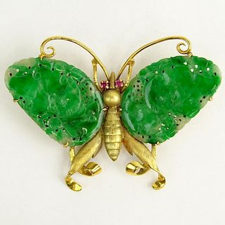 Vintage Carved Jadeite and 14 Karat Yellow Gold Butterfly Brooch.