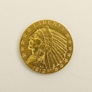 US 1912 $5 Indian Head Gold Coin.