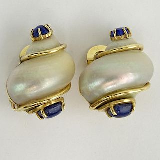 Vintage Pair of Seaman Schepps Shell, 14 Karat Yellow Gold and Lapis Lazuli Earclips.