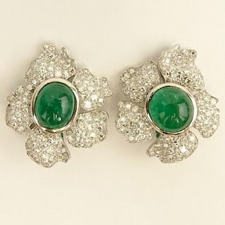 Pair of 15.0 Carat Cabochon Emerald, 9.0 Carat Round Brilliant Cut Diamond and Platinum Flower Earrings.