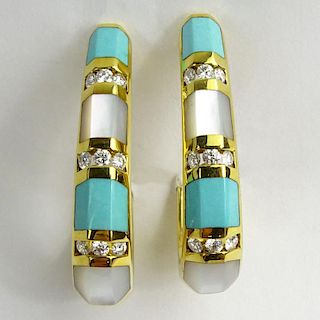 Pair of 14 Karat Yellow Gold, Diamond, Mother of Pearl and Turquoise Hoop Earrings.