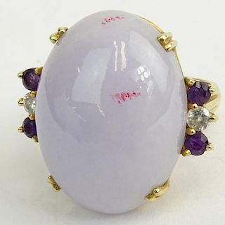 Vintage Lavender Jade and 14 Karat Yellow Gold Ring with Diamond and Sapphire accents.
