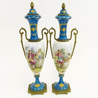 Pair Antique Bronze Mounted Miniature Hand Painted Bleu Celeste Sevres Porcelain Urns.
