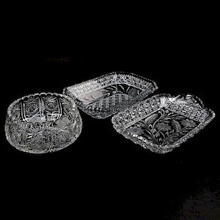 Three (3) Pieces Brilliant Cut Glass Table Top Items. Includes 2 rectangular bowls and one round bowl.