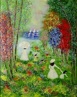 Vintage Enamel on Copper Painting "Figures By The Lake" Signed Cole.