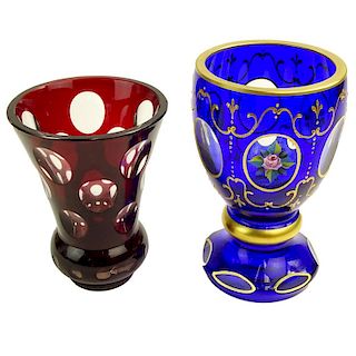 Lot of Two (2) Bohemian Glass Beakers. One with enameled decoration, one ruby glass cut to clear.