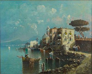 Italian School Oil on Canvas Board Under Glass "Bay of Naples and Mt. Vesuvius"