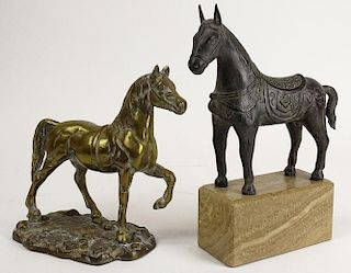 Lot of Two (2) Decorative Horse Figurines. A Tang Style Bronze Horse on Marble Base.