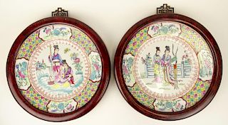 Pair 20th C Chinese Export Rose Mandarin Porcelain Plates in Rosewood Frames.