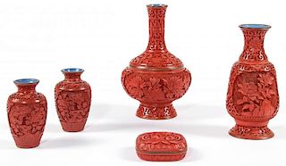 5 pc Chinese Cinnabar Vases/Box