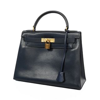  Hermes handbag Kelly 28 0F engraved box calf blue indigo gold metal