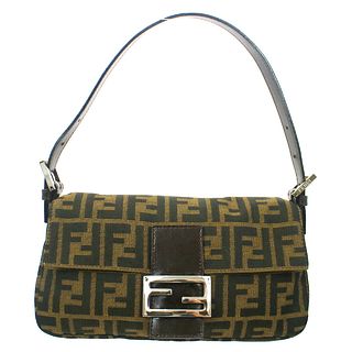 FENDI Zucca Baguette Hand Bag Purse Brown 2303-26424-098 Canvas Leather