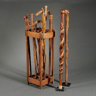 Twelve Carved Canes and a Mission Oak Cane Stand
