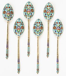 Set of 6 Russian Imperial Silver Enamel Tea Spoons