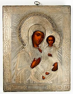 Antique Russian Icon: Smolenskay Mother of God in Silver Oklad