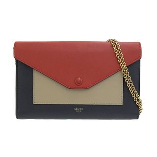 Celine CELINE Purse Ladies Chain Bag Pochette Large Flap-on Leather Navy Red