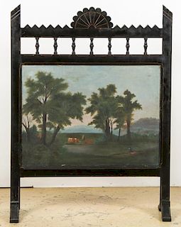 American 19th C. Painted Fire Screen w. Oil on Canvas Panel