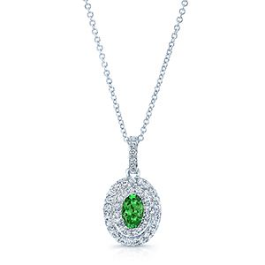 Tsavorite And Diamond Double Oval Halo Pendant In 14k White Gold 18 In Curb Chain