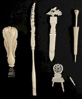 Suite of 5 Antique Carved Ivory or Bone Bibelots