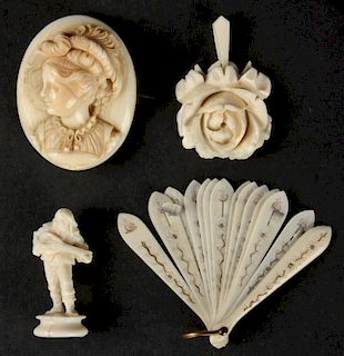 Suite of 4 Antique Carved Ivory or Bone Bibelots