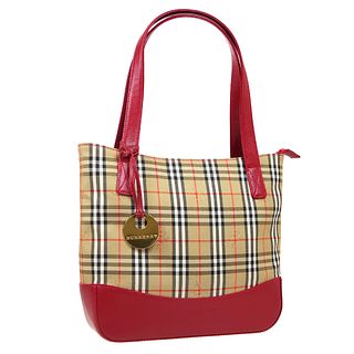 BURBERRY House Check Hand Tote Bag Purse Beige Red Canvas Leather