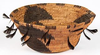 Pomo Coiled Basket with Feathers
