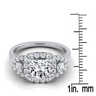 1 2/3ctw Princess Cut 3 Stone Engagement Ring With Diamond Pave Shank In 14k White Gold, Igi-certified