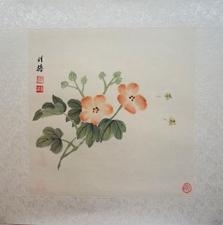 Chinese Watercolor Of Bees Among Flowers